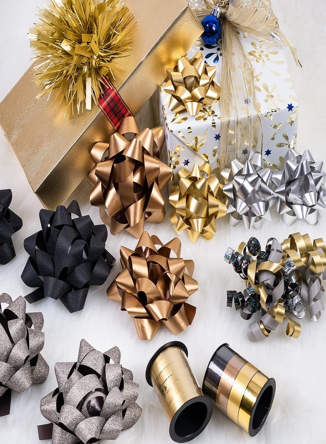 WRAPAHOLIC 14 Pcs Gift Bows Assortment - 10 Multi Colored Assorted Size Gift Bows(Black, Gold, Silver, Old Gold), 2 Crimped Curling Ribbons, 1 Curly Bow, 1 Tinsel Bow for Christmas and New Year - Image 4